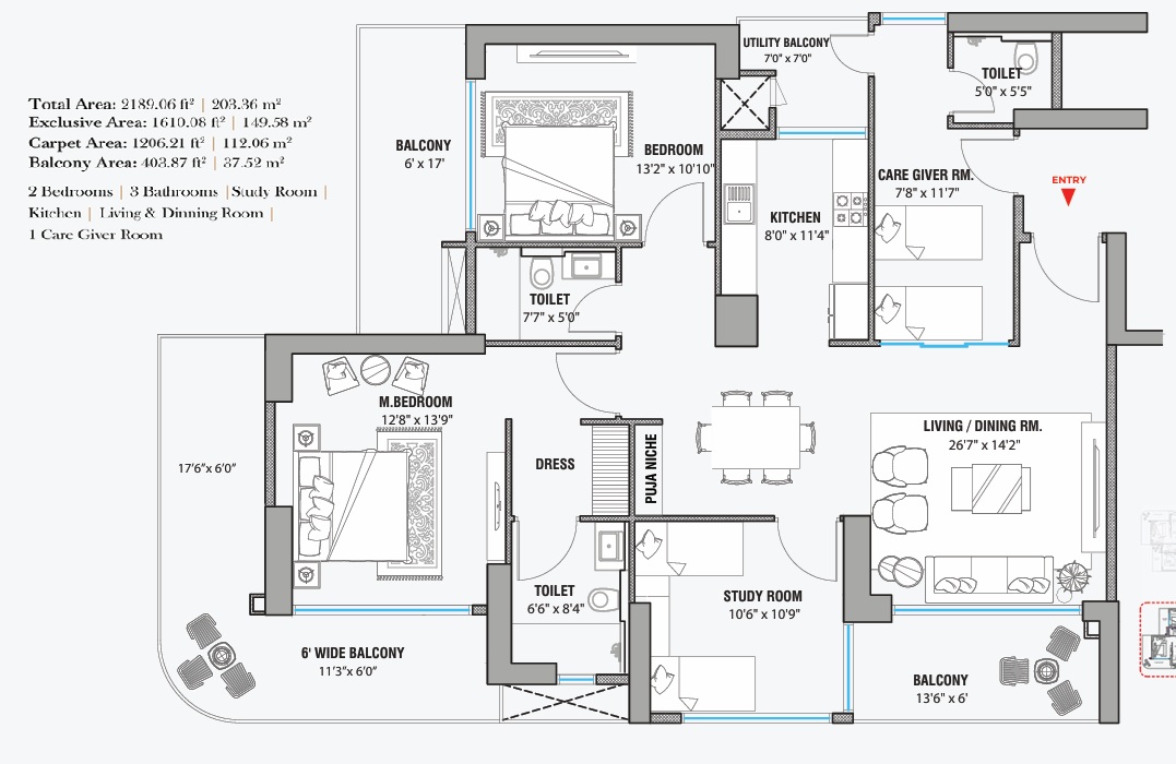 2 BHK + S + CG Floor Plan