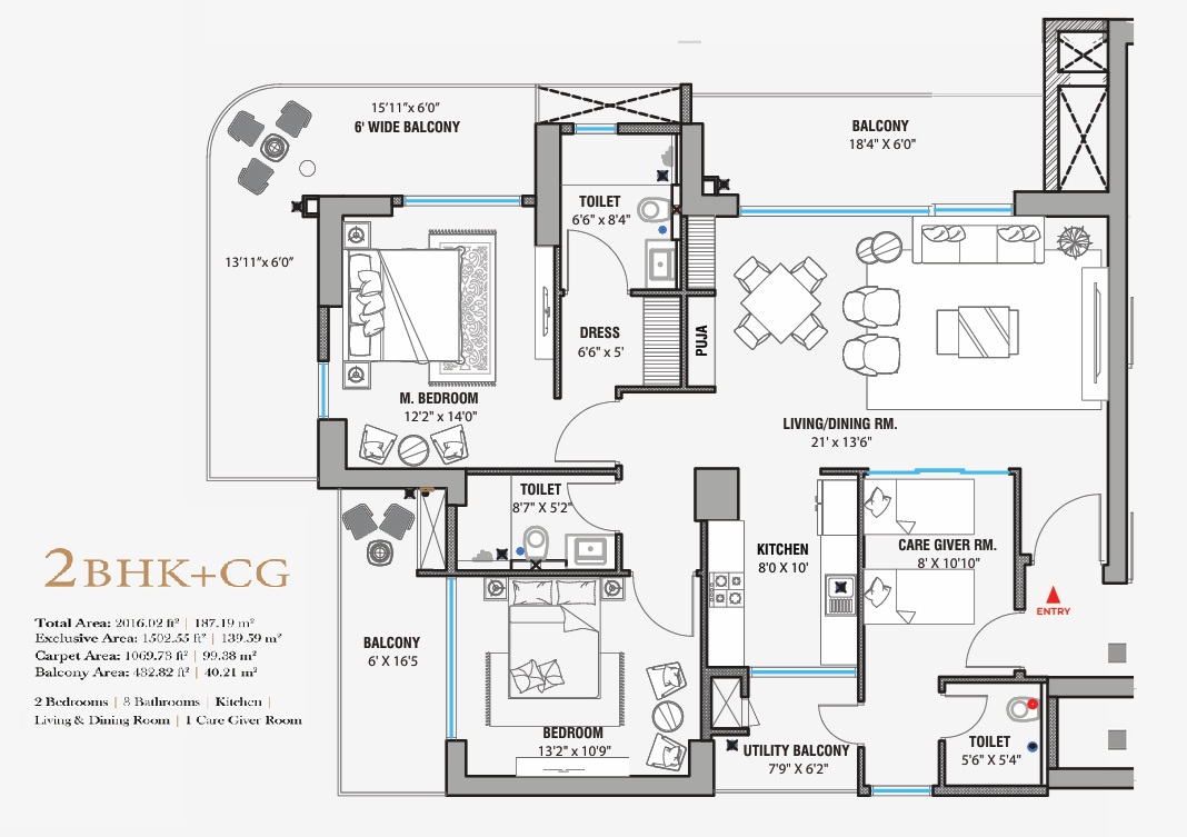 2 BHK + CG Floor Plan