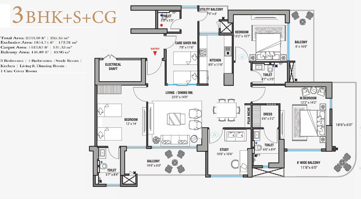 3 BHK + S + CG Floor Plan
